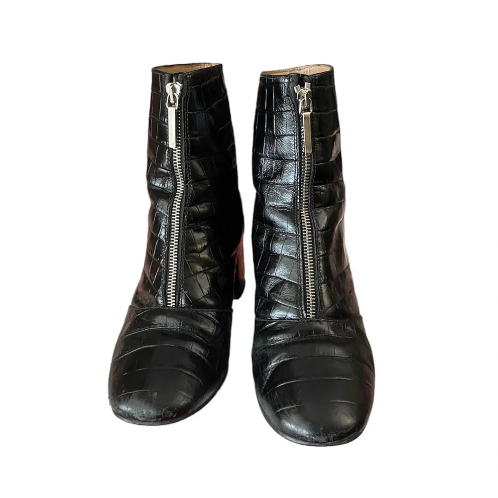 WHISTLES Rowan patent leather Croc booties zip up block heel - Picture 2 of 8